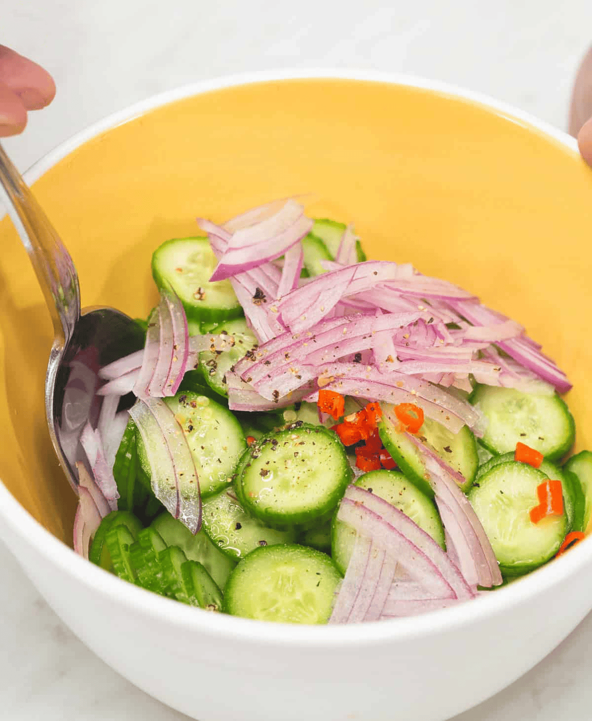 Mixing the salad and dressing in a bowl.