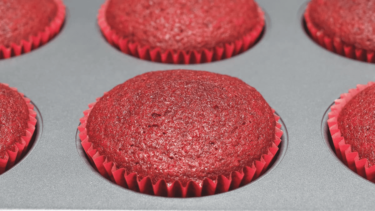 Baked Red Velvet Cupcakes in the baking pan.