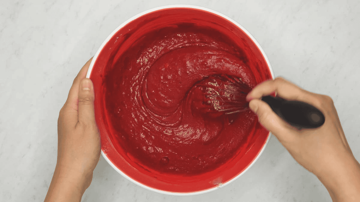 Mixing the red velvet cupcake batter