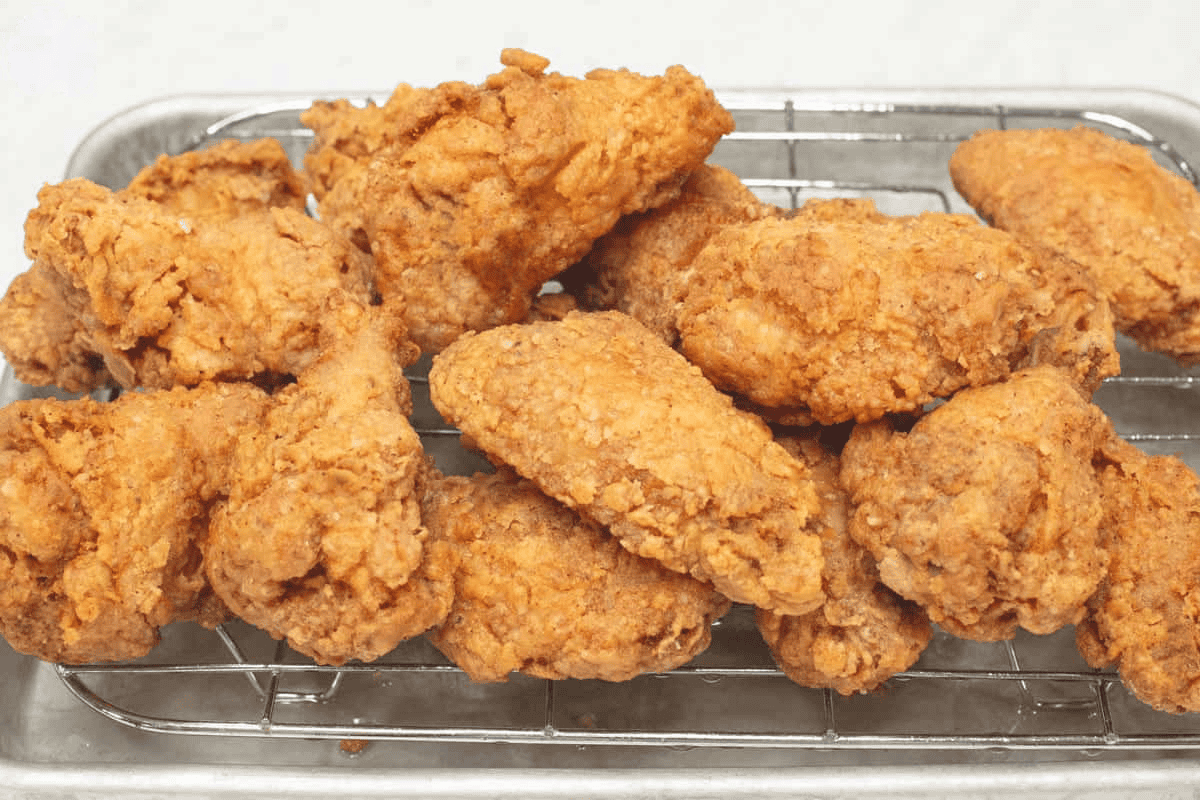 Draining the fried pieces of chicken on a wire rack.