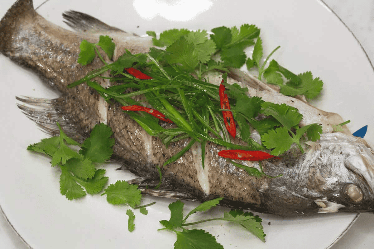 Steamed fish on a plate, garnished with scallions, chilies, and cilantro.