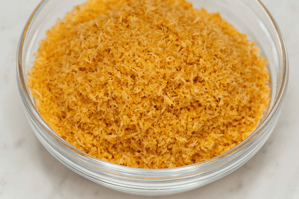 Toasted coconut shreds in the bowl.