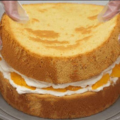 Placing the second chiffon cake layer over the mango filling.
