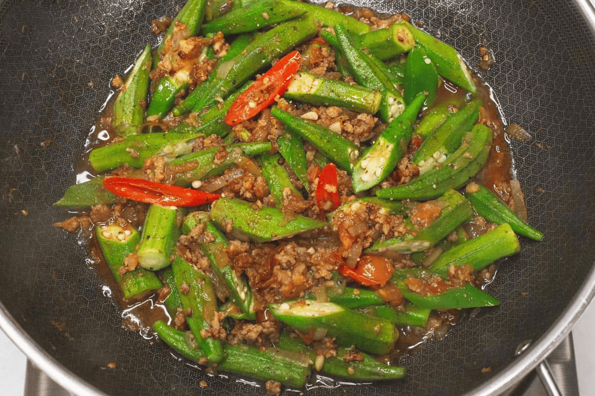 Cooked Ginisang Okra in a wok.