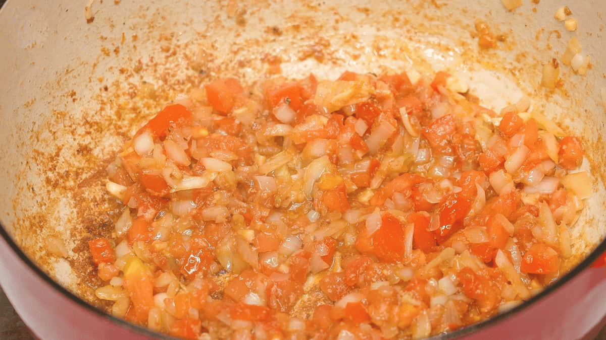 Sauteed aromatics in the pot.