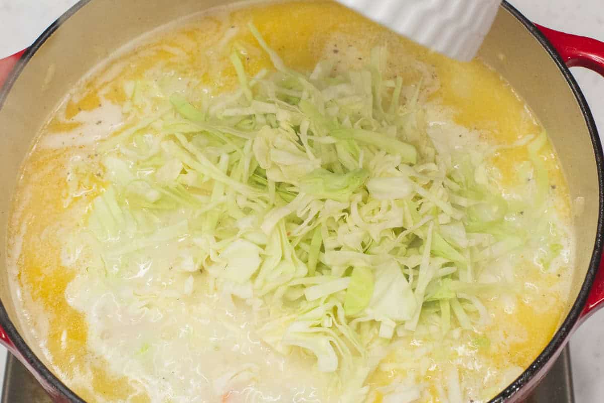 Adding the shredded cabbage to the mixture in the pot.