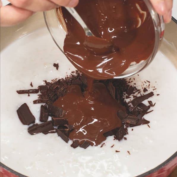 Adding the chocolate pieces and chocolate paste into the rice mixture.