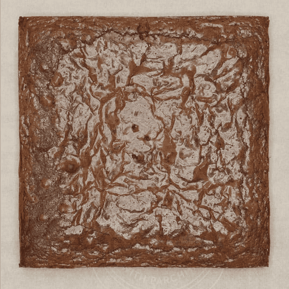 Baked brownie slab cooling on parchment paper.