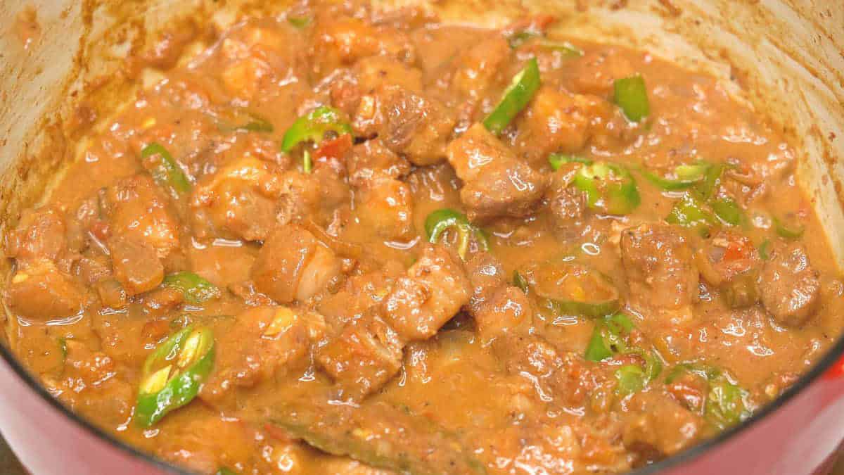 Cooked Pork Binagoongan (Pork with Shrimp Paste) in the pot.