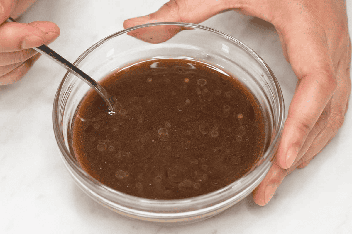 Mixing the ingredients for the sauce in a bowl.