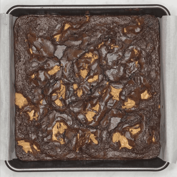 Baked peanut butter brownies in the pan.