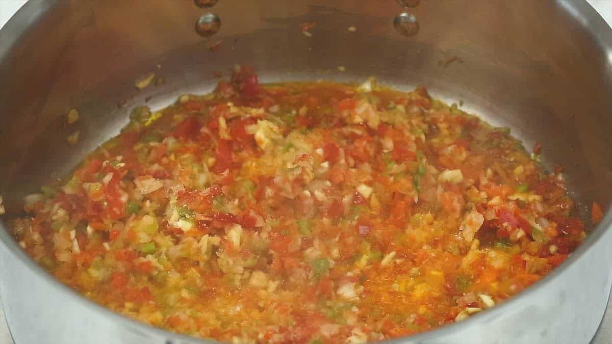 Sauteing aromatics in saute pan.