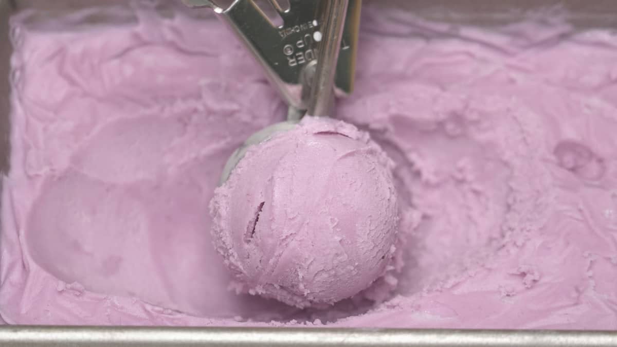 Scooping Ube (Purple Yam) Ice Cream.