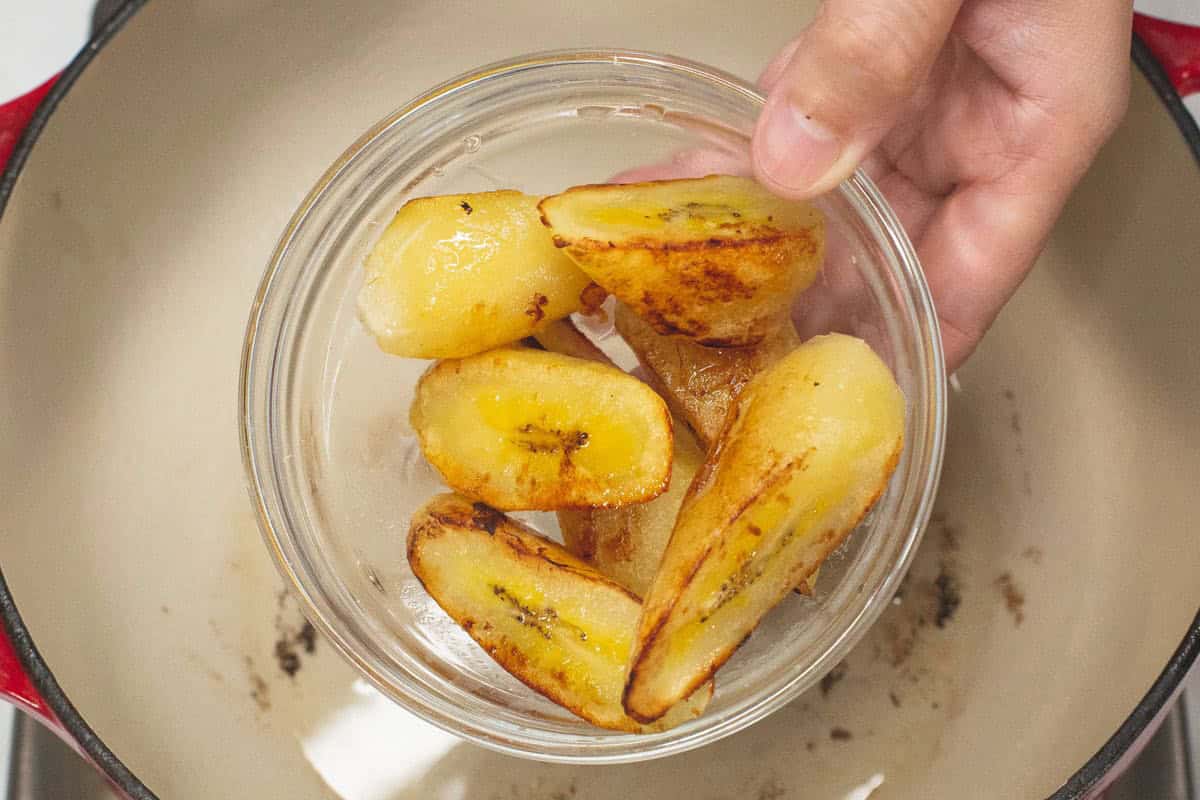 Seared saba bananas in a bowl.