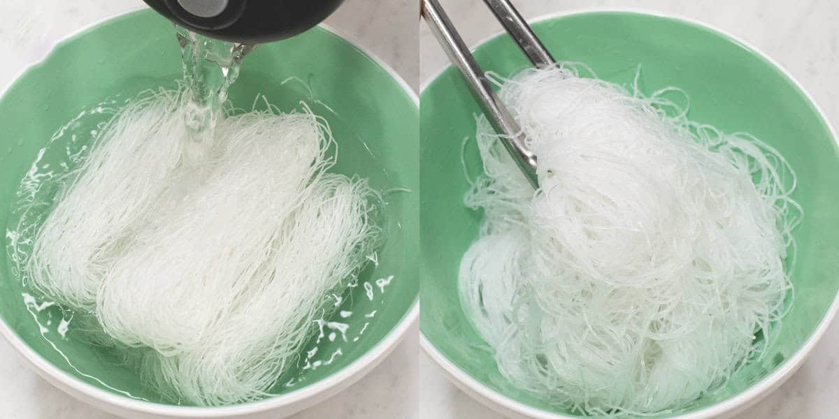 Pouring water into the bowl to soak the sotanghon noodles, then drained the water out.